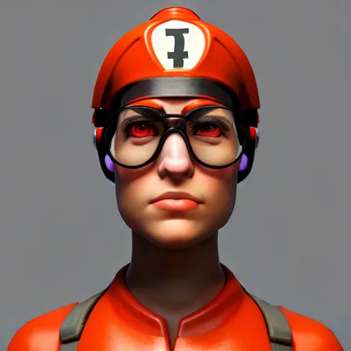 Image similar to 3 d render portrait of engineer from team fortress 2 by valve as a woman, 4 k, 8 k, hd, high resolution, highly detailed, ultra realistic faces, trending on artstation