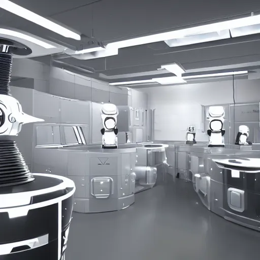 Prompt: robot laboratory, futuristic, mirror's edge, highly detailed, clean