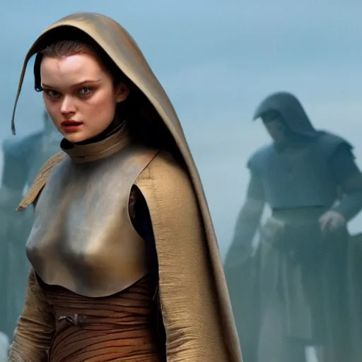 Image similar to bella heathcote as padme amidala at the battle of geonosis, golden hour, cinematic