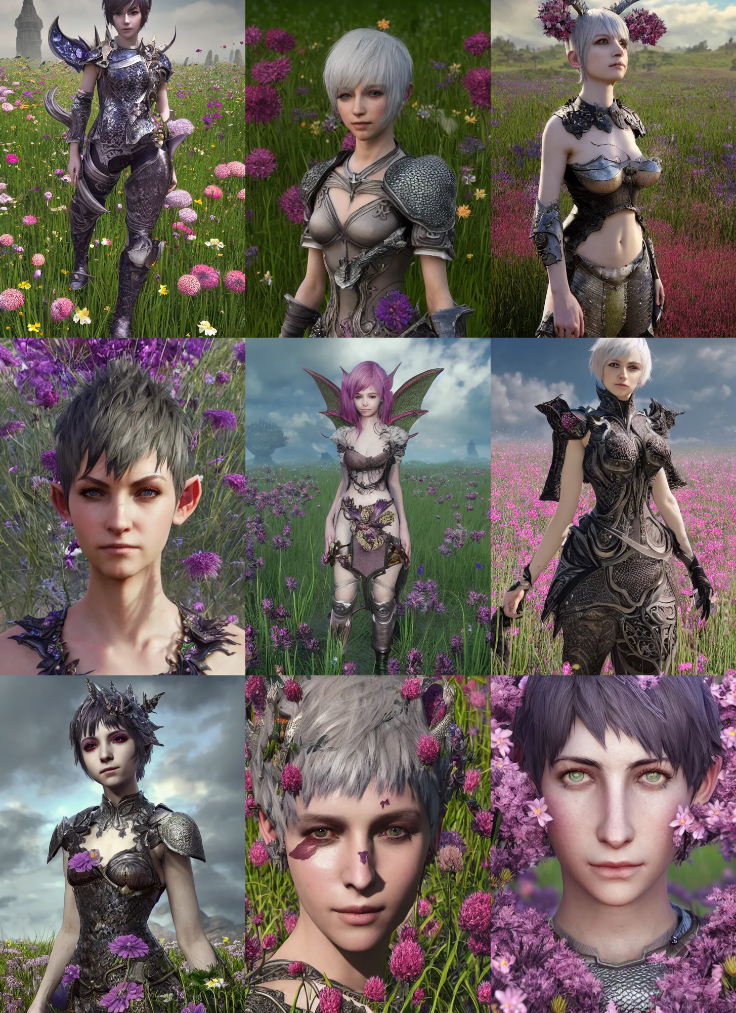 Prompt: character portrait of an au ra woman with a pixie cut and dragon scales adorning the skin standing in a field of flowers wearing armor, final fantasy xiv, octane render, a realistically proportioned face, photorealistic eyes, good value control, smooth, realistic shading, realistic face details, illustration, substance painter, very highly detailed