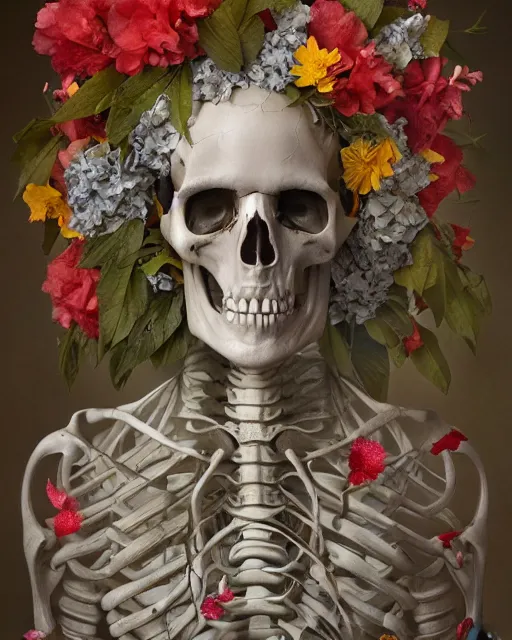 Image similar to a beautiful fine art portrait photo of skeleton, skull covered by hibiscus, daffodils, hydrangea, montsera leaves by tom bagshaw and zach sutton, very detailed, artstation, 8 k