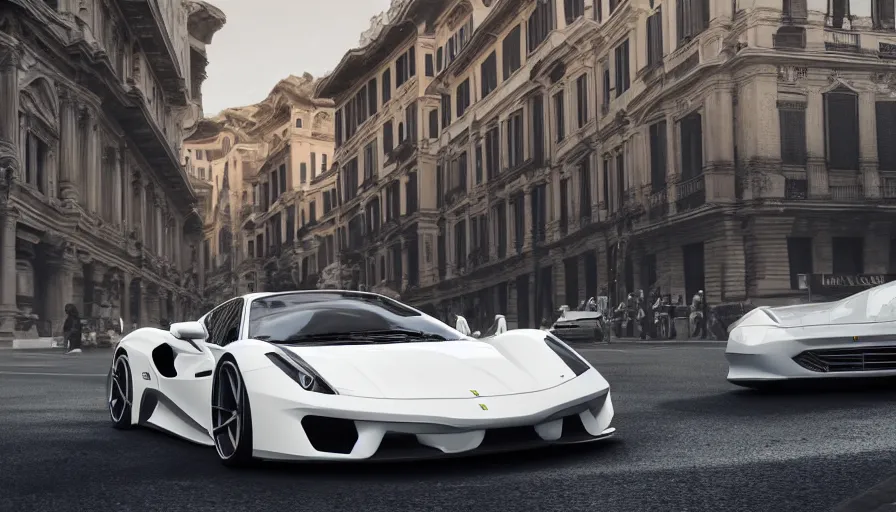 Prompt: White shinny Ferrari in Roma, hyperdetailed, artstation, cgsociety, 8k