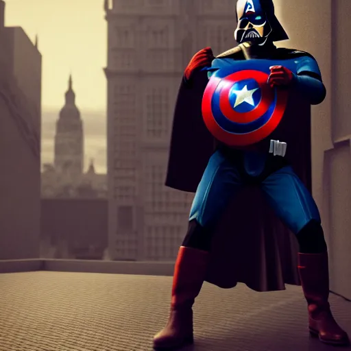 Image similar to Vader as Captain America, artwork by Diego Velazquez and Johannes Vermeer, urban scene, cinematic, hdr, dynamic lighting, 4k render, trending in Artstation, octane render, high details, ultra realistic, hd, photo realistic