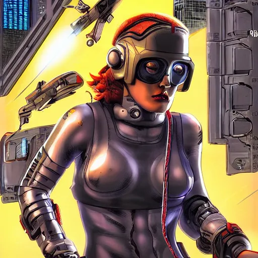 Image similar to A comic book cover of a female cyberpunk mercenary wearing cybernetic sci fi head gear and earpiece in the style of DC Comics, highly detailed, oil on canvas