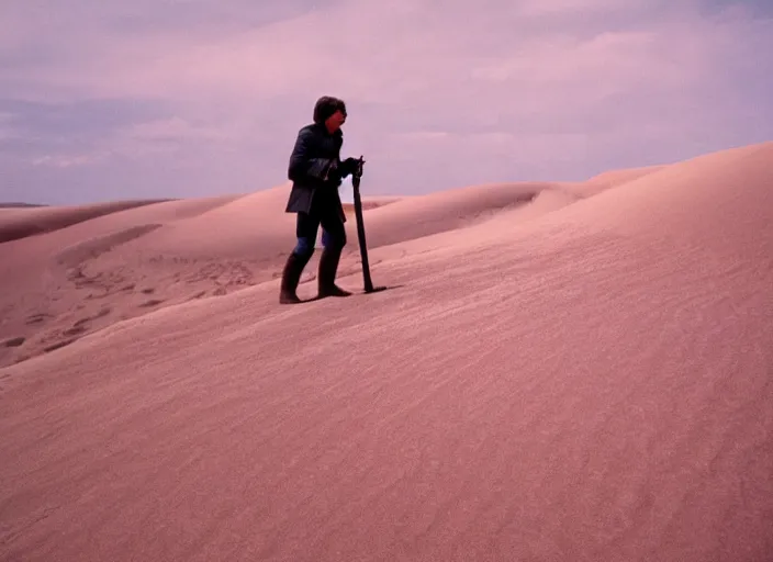 Prompt: detailed protrait photo of Luke skywalker vacuuming sand dunes. a pink dune, screenshot from the 1985 film, Photographed with Leica Summilux-M 24 mm lens, ISO 100, f/8, Portra 400