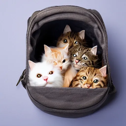 Image similar to a highly detailed photo of multiple furry cats, they are inside a big handbag, gray background, studio lighting, 4 k, 8 k