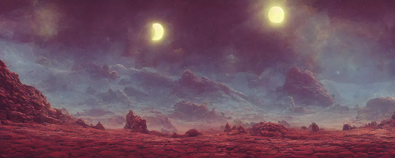 Prompt: ” lunar landscape, [ cinematic, detailed, epic, widescreen, opening, establishing, mattepainting, photorealistic, realistic textures, octane render, art by paul lehr ] ”