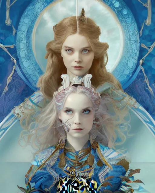 Prompt: movie poster of \'alice in wonderland\', wearing blue and white armor, fantasy, intricate, elegant, highly detailed, digital painting, artstation, concept art, smooth, sharp focus, illustration, art by Fernanda Suarez and Artem Demura and alphonse mucha