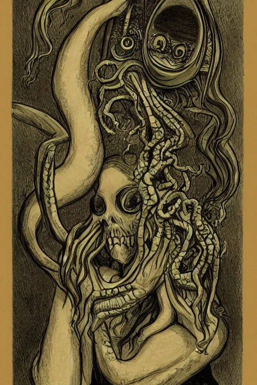 Prompt: cthulhu priestess looking into a mirror