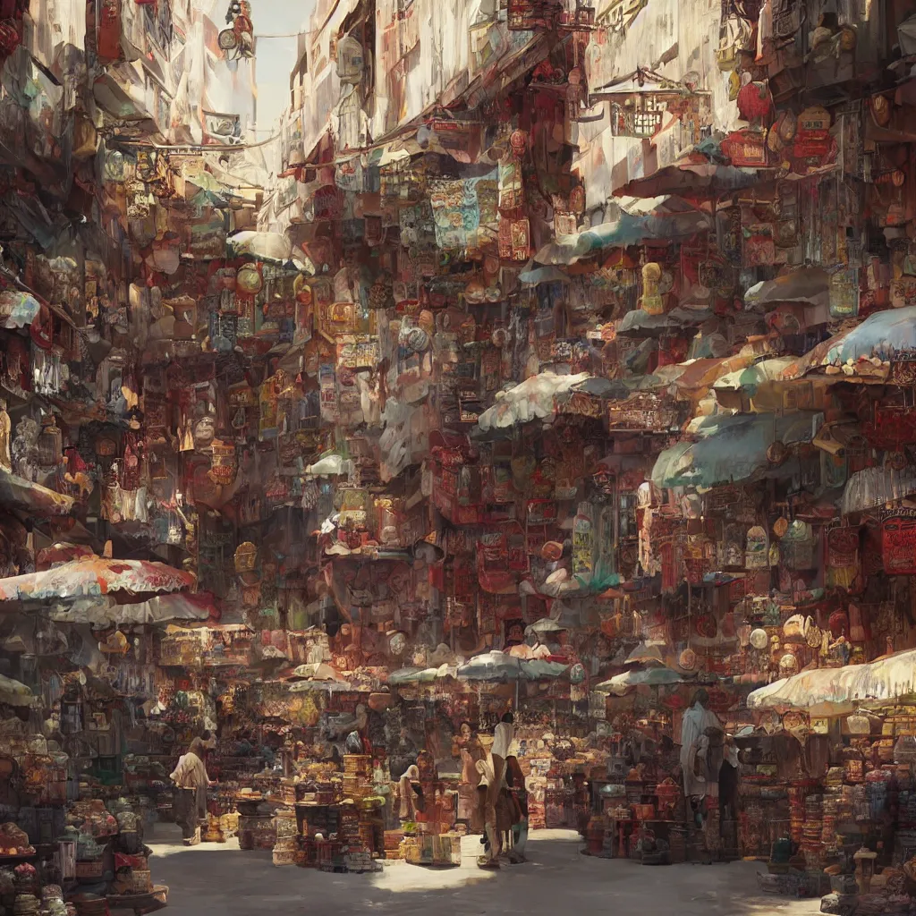 Prompt: Oriental market in Casablanca, mysterious vendors, by Greg Rutkowski, ArtStation, CGSociety, Unreal Engine