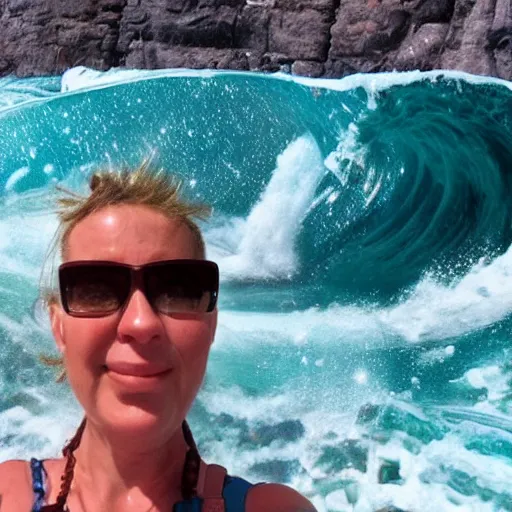 Image similar to selfi stick photography of an annoying tourist visiting atlantis during the catastrophic tilad wave, highly detailed, photorealistic