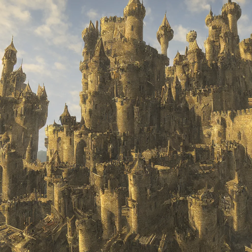 Image similar to castle, 4 towers, photorealistic, hyper detailed, picture taken from the ground, first person perspective, realistic