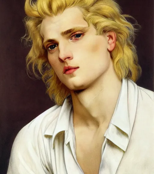 Prompt: clean cel shaded art of a pale androgynous blond young man, long fluffy curly blond hair, light platinum long blond hair, wearing black leather riding pants and a white poet shirt, Alexandre Cabanel, norman rockwell, peter paul rubens, maler collier, frank frazetta, alphonse mucha, gustav klimt 4k, unreal 5, DAZ, french noveau, trending on artstation, octane render, hyperrealistic