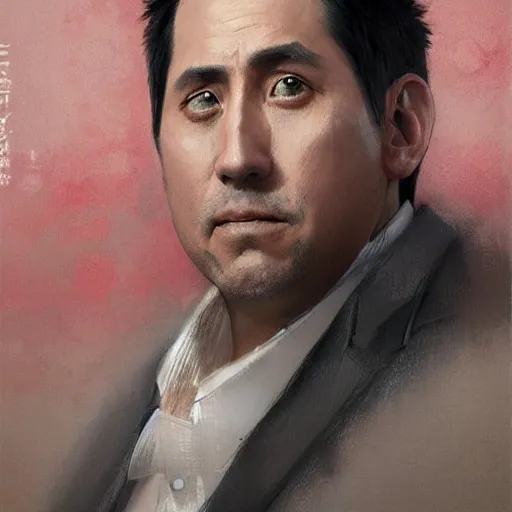 Image similar to hyper realistic, portrait of japanese : : 2 michael scott, epicanthal fold, painted by greg rutkowski