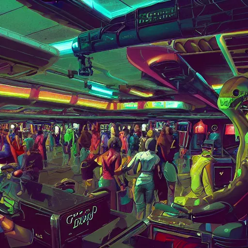 Prompt: crowded used future casino, robots humans and extraterrestrials, on a crowded space station, jim henson creature shop, 1 9 8 0 s science fiction, 1 9 7 0 s science fiction, alien 1 9 7 9, cyberpunk, 3 d oil painting, depth perception, 4 k, artstation