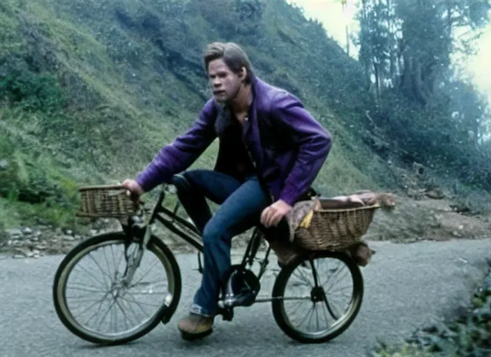 Image similar to film still of thanos riding a small childrens bike down a steep mountain road in the goonies 1 9 8 5