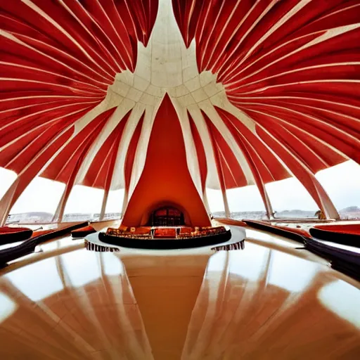 Image similar to interior of a futuristic lotus temple with gold, red and white marble panels, in the desert, by buckminster fuller and syd mead, intricate contemporary architecture, photo journalism, photography, cinematic, national geographic photoshoot