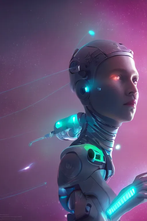 Image similar to woman cyborg floating in space letting go of reality and experiencing the quantum feild, matte painting comic book art, cinematic, highly detailed, realistic, beautiful cosmic neural network, octane render, unreal engine, depth of field, trending on artstation, sharp focus, philosophical splashes of colors