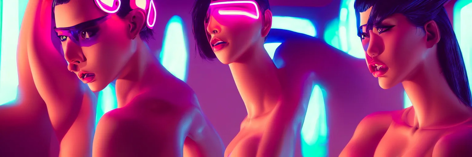 Image similar to 2 0 0 mm lens photography of a few female humanoid cropped tight portrait, shallow depth of field, cyberpunk high fashion, elegant profile pose, cyber neon lighting, retro futurism, retro futuristic glossy latex bikini, bokeh background, hyper photorealistic, crispy quality, digital photography, art by pascal blanche, art by artgerm, art by greg rutkowski,
