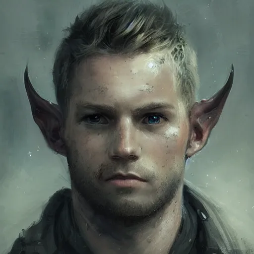 Image similar to Portrait of a devil by Greg Rutkowski, he is about 20 years old, norwegian, short blond hair, young, manly, attractive, strong, older brother vibes, he is wearing futuristic military fatigues, highly detailed portrait, scifi, digital painting, artstation, concept art, smooth, sharp foccus ilustration, Artstation HQ