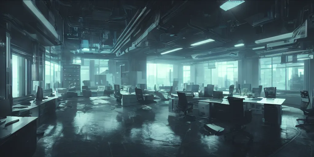 Prompt: interior shot of office cinematic shot with windows cyberpunk, hyper detailed, artstation, 8k