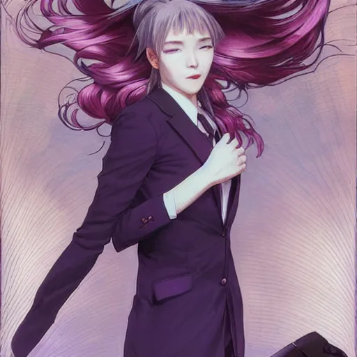 Image similar to kyoko kirigiri, a japanese girl with pale hair and a purple suit jacket, portrait by artgerm, greg rutkowski and alphonse mucha, absolutely gorgeous, detective