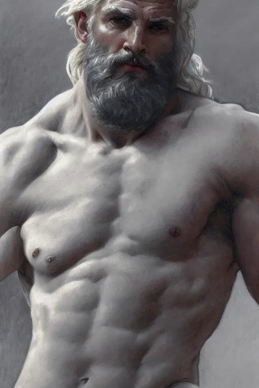 Image similar to painted portrait of rugged zeus, god of thunder, greek god, white hair, masculine, powerful, handsome, opulent, upper body, white robe, muscular, hairy torso, fantasy, intricate, elegant, highly detailed, digital painting, artstation, concept art, smooth, sharp focus, illustration, art by gaston bussiere and alphonse mucha