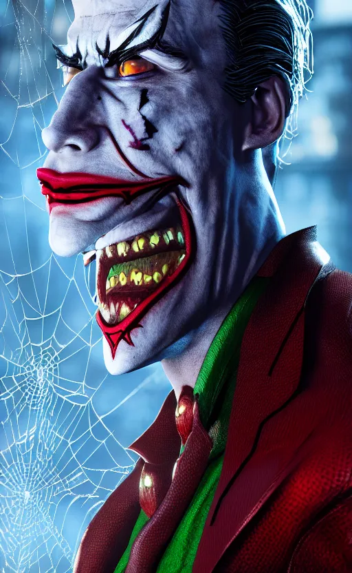 Image similar to spider man as the joker from batman dreamlike with jewelry, character art, hyperdetailed, 8 k realistic, frostbite 3 engine, cryengine, dof, trending on artstation, digital art