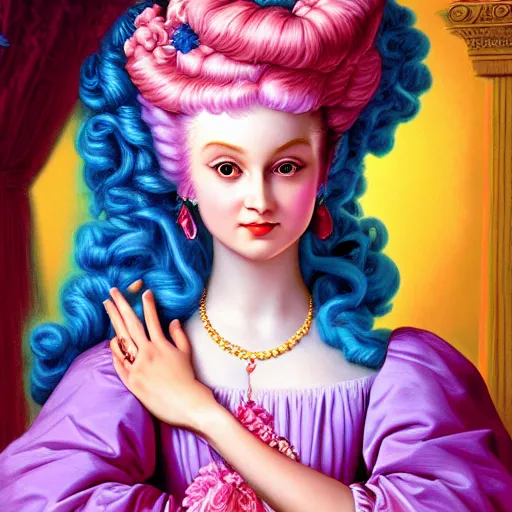 Prompt: baroque rococo pastel beautiful magical princess Greg Hildebrandt Lisa frank portrait