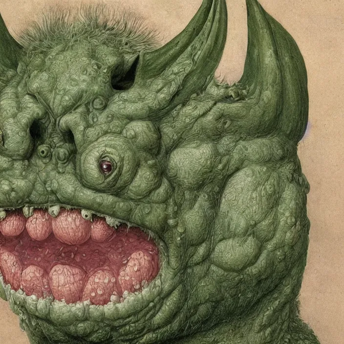 Prompt: close up portrait of a mutant monster creature with cheeks covered in purulent pustules, pimples at different stages, some fresh, some bursting with a whitish fluid ; pleasant, flirty green eyes, very large transparent bat ears. jan van eyck, walton ford