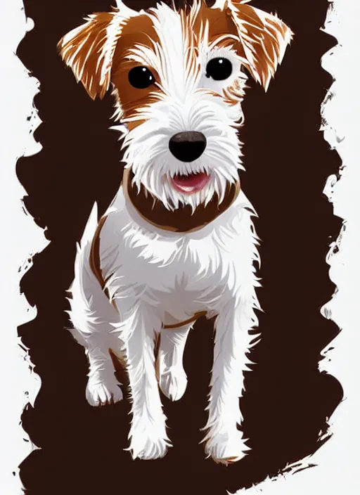 Prompt: a very cute wire haired jack russell terrier puppy. he is white with brown spots and brown patches over both eyes. clean cel shaded vector art. shutterstock. behance hd by lois van baarle, artgerm, helen huang, by makoto shinkai and ilya kuvshinov, rossdraws, illustration, art by ilya kuvshinov