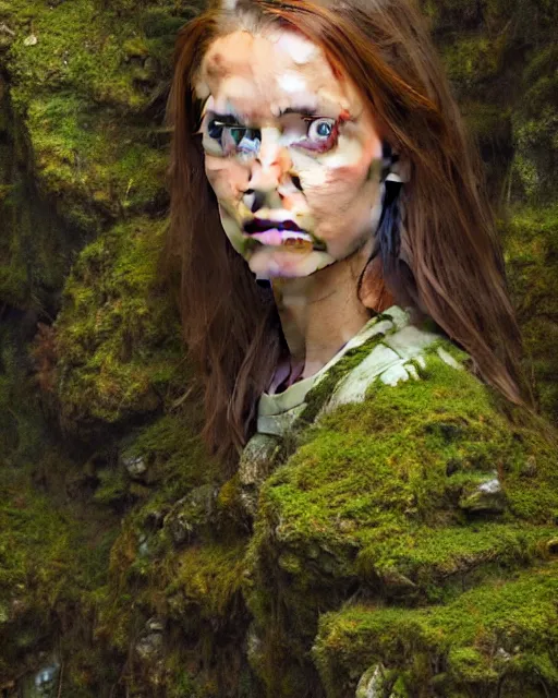 Image similar to a well - lit, realistic oil painting portrait of a girl resembling a young, shy, redheaded irish alicia vikander or millie bobby brown in moss - covered ancient stone ruins at sunset, highly detailed, intricate, concept art, artstation, by donato giancola, ron cobb, and artgerm