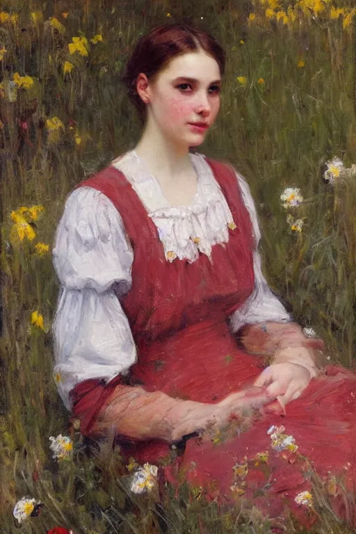 Image similar to Solomon Joseph Solomon and Richard Schmid and Jeremy Lipking victorian genre painting portrait painting of an elegant slim young cottagecore girl in an open field of flowers, red background