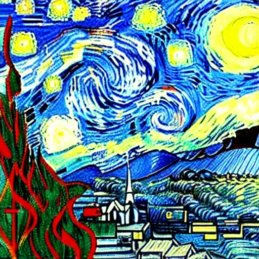 Image similar to Mount Fuji in the style of starry night by Van Gogh