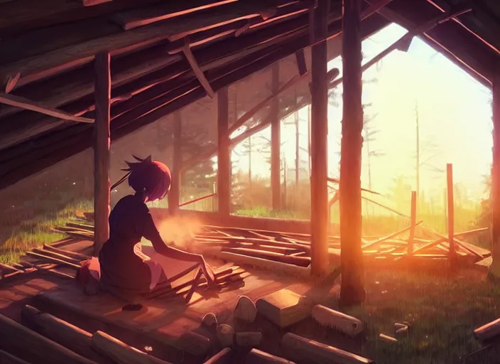 Image similar to portrait of a woman building a log cabin, illustration concept art anime key visual, very trippy and abstract, trending pixiv fanbox by wlop and greg rutkowski and makoto shinkai and studio ghibli and kyoto animation