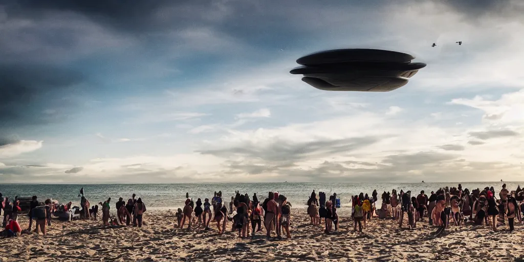 Prompt: large crowd at the beach, huge floating alien ship in the sky, cinematic, dramatic lighting, atmospheric, 5 0 mm lens, dark lighting