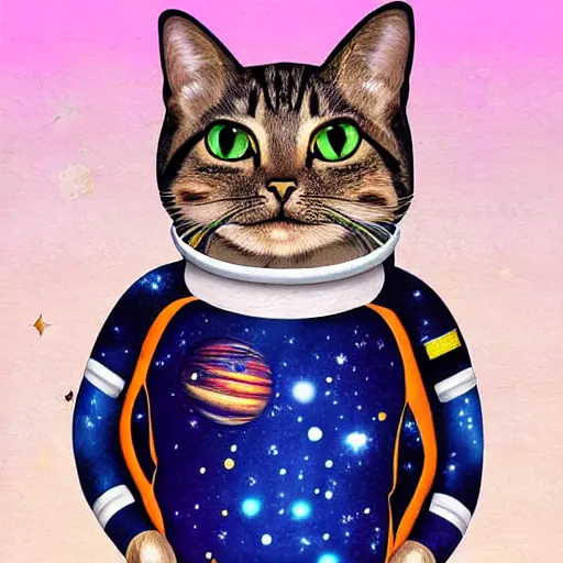 Image similar to a cat wearing a space suit while floating in space, digital art