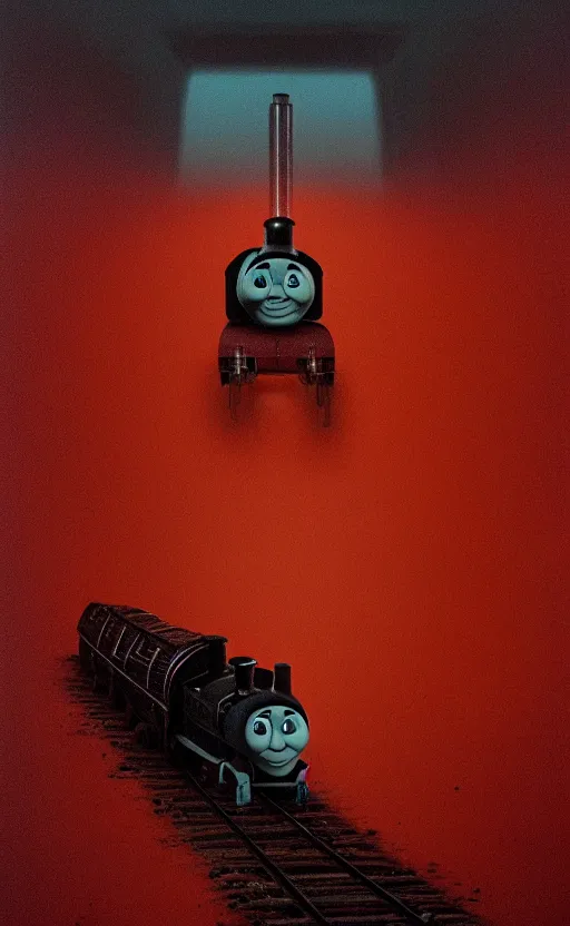 Image similar to thomas the tank engine in style of zdzisław beksinski, extremely dramatic lighting, 8 k, tendrils, black, darkness, black slime tendrils, infected, rust, body horror, thomas the train, thomas the tank engine face, horror,