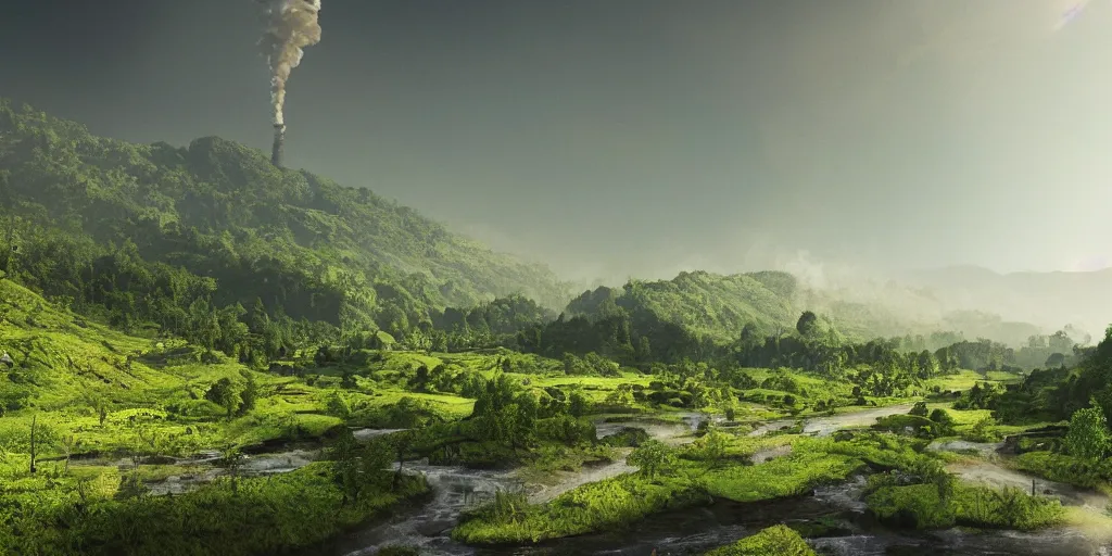 Prompt: a landscape photograph of a lush green high sided valley in summertime with a dirty industrial city architecture dominant on the valley side, pipelines, cables, smoke from chimneys,, a trickling stream of poisonous water at the bottom of the valley, pollution, toxic slime, toxic air, corona render, matte painting, god rays volume light, 4 k, national geographic
