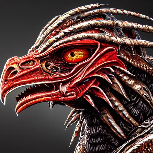 Image similar to portrait art of 8k ultra realistic raptor with shining red eyes, detailed intricate ornate armour, decaing, cybernetic, full of colour, cinematic lighting, battered, trending on artstation, 4k, hyperrealistic, focused, extreme details, unreal engine 5, cinematic, masterpiece, art by ayami kojima, giger