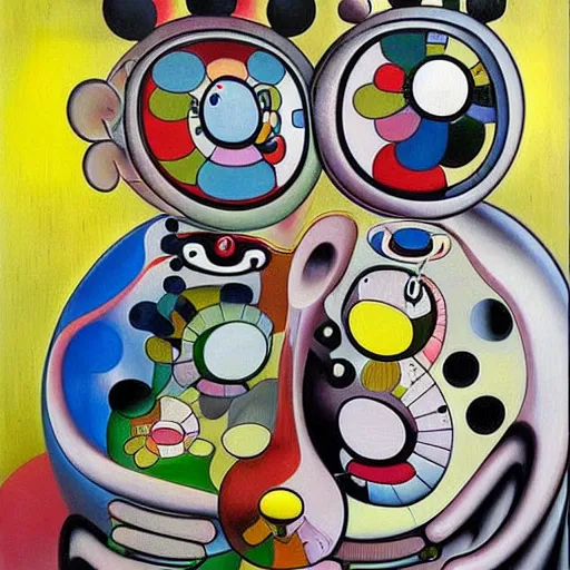 Image similar to Oil painting by Roberto Matta. Strange mechanical beings kissing. Portrait by Takashi Murakami.