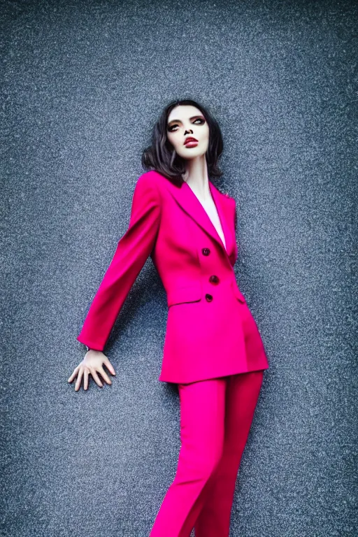 Image similar to realistic photoshooting for trouser suit, bright colors, vhs colour photography, fashion photography, vogue, smooth skin, perfect face, 8 0 mm lens, 1. 2 aperture, cinematic light, agency model img models