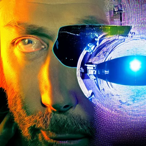 Image similar to thom yorke singer songwriter in a spacesuit filling up with water, a computer rendering by mikolas ales, unsplash, video art, anamorphic lens flare, 8 k 3 d, datamosh, beautiful blue eyes, eyes reflecting into eyes reflecting into infinity, eyes reflecting into eyes reflecting into infinity