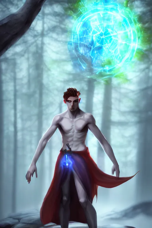 Image similar to a human elemental sorcerer, forest setting, colorful magic, male, white skin, young, sharp focus, concept art, dynamic lighting, unreal engine, by emylie boivin