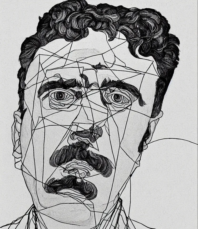 Prompt: detailed line art portrait of german philosopher frierich nietzsche, inspired by egon schiele. contour lines, musicality, twirls and curves, strong personality