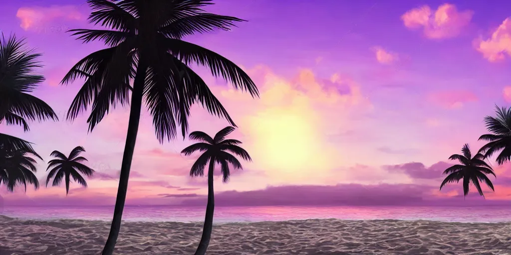 Prompt: purple sunset. palm trees. beach. realistic. concept art. fluffy