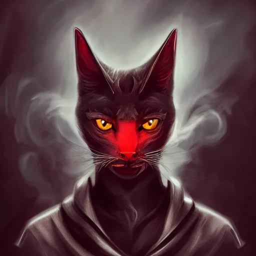 Prompt: fantasy portrait devil cat with red eyes looking towards camera and smoke in background, high detail, digital art, beautiful , concept art,fantasy art, 4k