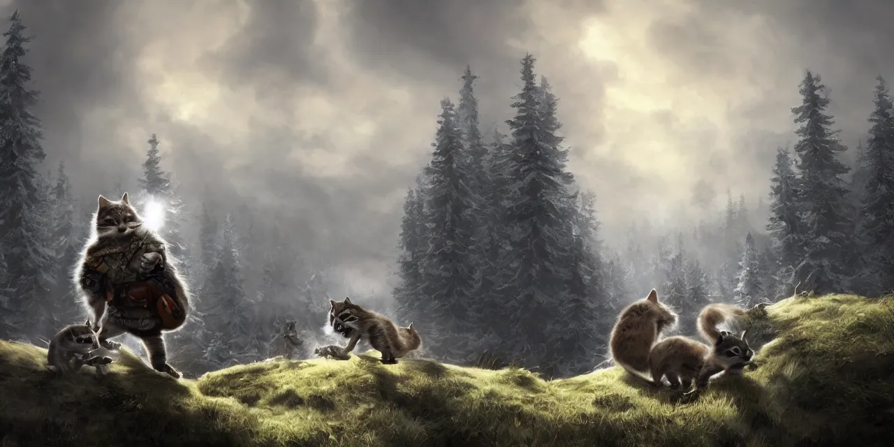 Prompt: portrait of anthropomorphic cat and raccoon soldiers traveling in tundra between pine trees underneath big mountains with giant clouds, facing the camera, professional digital painting by rembrandt and akira toriyama, volumetric and cinematic lighting, d & d, artstation, extremely detailed 8 k