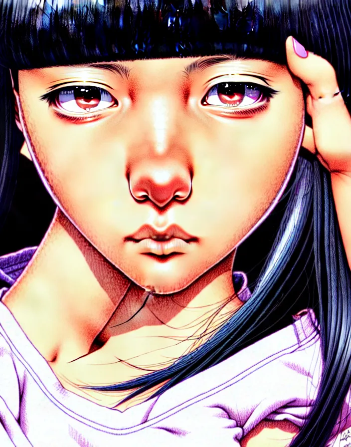 Image similar to extremely detailed color ink pen  illustration depicting an extreme close up face of a dainty young truant female stoner prep highschool school student with medium length silky straight iridescent black hair and lightly suntanned skin, illustrated by Artgerm and Range Murata.