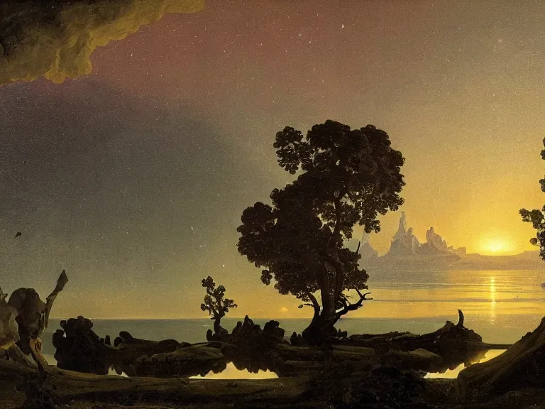Prompt: an oil painting of a lake of black reflective oil on an alien planet with a distant outpost at dusk with aurora lighting up the sky by carl spitzweg and tuomas korpi. baroque elements, full-length view. baroque element. intricate artwork by caravaggio. Trending on artstation. 8k